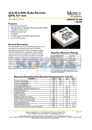 40REC0770-QB-EV1 datasheet - 35.0-45.0 GHz GaAs Receiver QFN, 7x7 mm