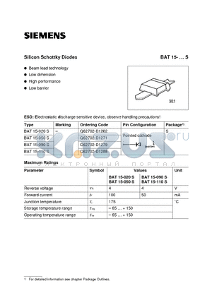 BAT15-020S datasheet - Silicon Schottky Diodes (Beam lead technology Low dimension High performance Low barrier)