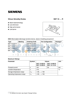 BAT15-020R datasheet - Silicon Schottky Diodes (Beam lead technology Low dimension High performance Low barrier)