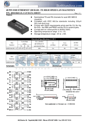 40SS1041AX-1LF datasheet - 40 PIN SMD ETHERNET 100 BASE -TX HIGH SPEED LAN MAGNETICS
