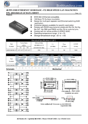 40SS1041AXLF datasheet - 40 PIN SMD ETHERNET 10/100 BASE -TX HIGH SPEED LAN MAGNETICS