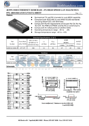 40SS1041AXMLF datasheet - 40 PIN SMD ETHERNET 10/100 BASE -TX HIGH SPEED LAN MAGNETICS