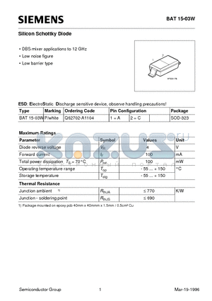 BAT15-03W datasheet - Silicon Schottky Diode (DBS mixer applications to 12 GHz Low noise figure Low barrier type)