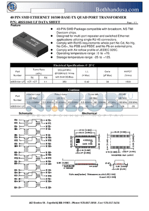 40SS1041LF datasheet - 40 PIN SMD ETHERNET 10/100 BASE-TX QUAD PORT TRANSFORMER