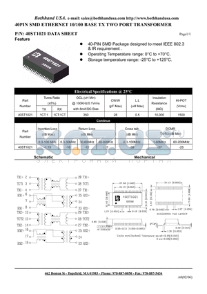 40ST1021 datasheet - 40PIN SMD ETHERNET 10/100 BASE TX TWO PORT TRANSFORMER