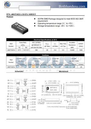 40ST1021A datasheet - 40PIN SMD ETHERNET 10/100 BASE TX TWO PORT TRANSFORMER