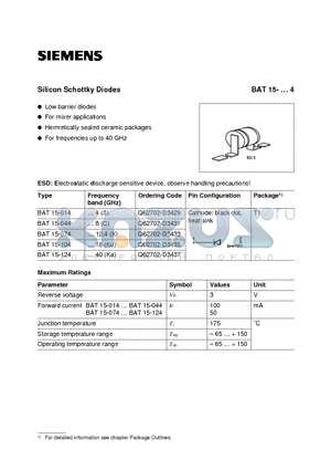 BAT15-044 datasheet - Silicon Schottky Diodes (Low barrier diodes For mixer applications Hermetically sealed ceramic packages For frequencies up to 40 GHz)