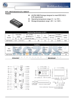 40ST1021B datasheet - 40PIN SMD ETHERNET 10/100 BASE TX TWO PORT TRANSFORMER