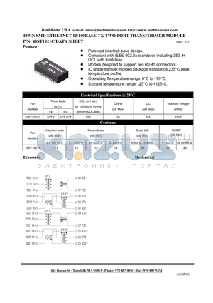 40ST1021C datasheet - 40PIN SMD ETHERNET 10/100BASE TX TWO PORT TRANSFORMER MODULE