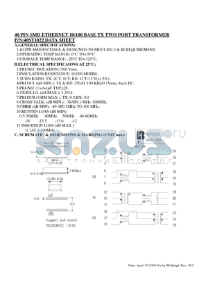 40ST1022 datasheet - 40 PIN SMD ETHERNET 10/100 BASE TX TWO PORT TRANSFORMER