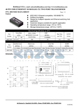 40ST1023 datasheet - 40 PIN SMD ETHERNET 10/100 BASE-TX TWO PORT TRANSFORMER