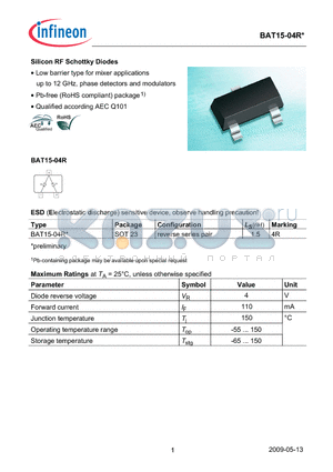 BAT15-04R datasheet - Silicon RF Schottky Diodes
