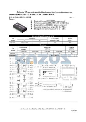 40ST1025-1 datasheet - 40 PIN SMD QUAD 10 BASE-T/100 BASE-TX TRANSFORMER