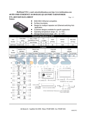 40ST1025_M datasheet - 40 PIN SMD ETHERNET 10/100 BASE QUAD PORT TARNSFORER