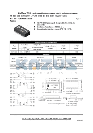 40ST1028 datasheet - 40 PIN SMD EHTERNET 10/100 BASE-TX TWO PORT TRANSFORMER
