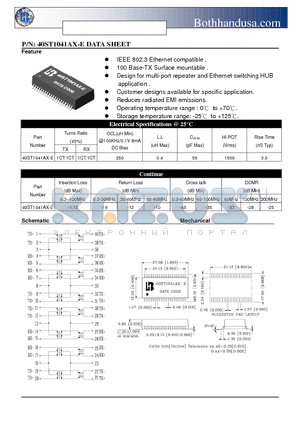 40ST1041AX-E datasheet - 40 PIN SMD ETHERNET 10/100 BASE-TX HIGH SPEED LAN MAGNETICS