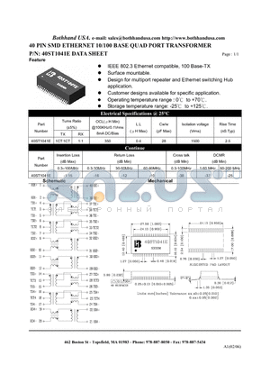 40ST1041E datasheet - 40 PIN SMD ETHERNET 10/100 BASE QUAD PORT TRANSFORMER