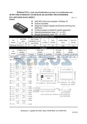 40ST1041E datasheet - 40 PIN SMD ETHERNET 10/100 BASE QUAD PORT TRANSFORMER