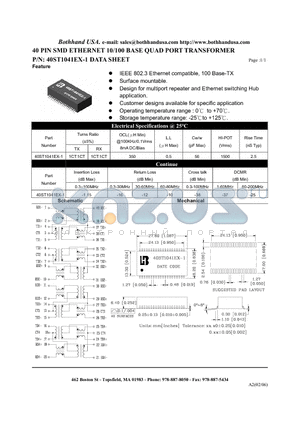 40ST1041EX-1 datasheet - 40 PIN SMD ETHERNET 10/100 BASE QUAD PORT TRANSFORMER