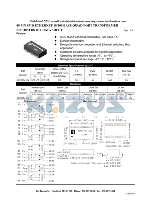 40ST1041EX_S datasheet - 40 PIN SMD ETHERNET 10/100 BASE QUAD PORT TRANSFORMER