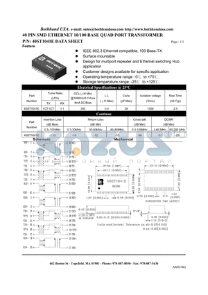 40ST1041E_S datasheet - 40 PIN SMD ETHERNET 10/100 BASE QUAD PORT TRANSFORMER
