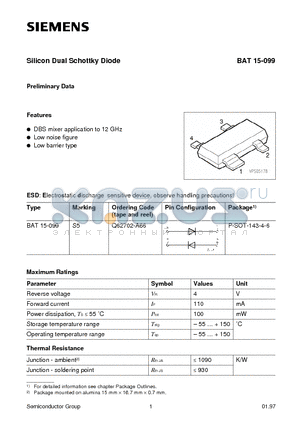 BAT15-099 datasheet - Silicon Dual Schottky Diode (DBS mixer application to 12 GHz Low noise figure Low barrier type)