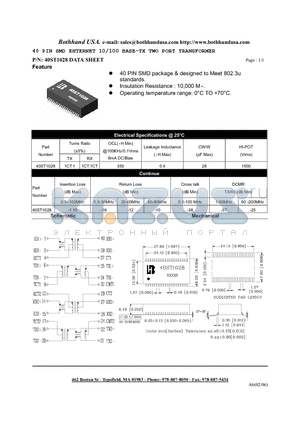 40ST1028_S datasheet - 40 PIN SMD EHTERNET 10/100 BASE-TX TWO PORT TRANSFORMER