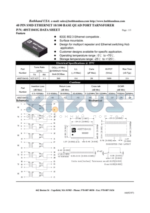 40ST1041G_S datasheet - 40 PIN SMD ETHERNET 10/100 BASE QUAD PORT TARNSFORER