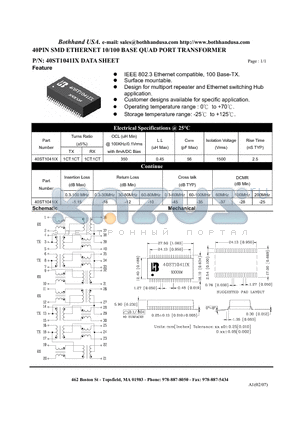 40ST1041IX_M datasheet - 40PIN SMD ETHERNET 10/100 BASE QUAD PORT TRANSFORMER