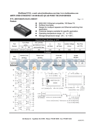 40ST1041IX datasheet - 40PIN SMD ETHERNET 10/100 BASE QUAD PORT TRANSFORMER