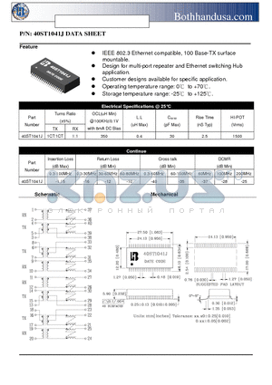 40ST1041J datasheet - 40 PIN SMD ETHERNET 10/100 BASE QUAD PORT TRANSFORMER