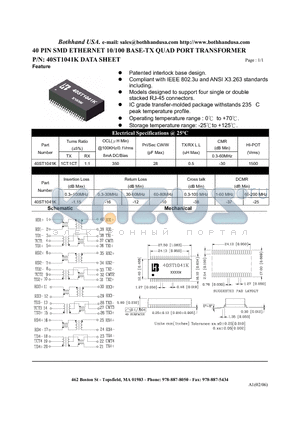 40ST1041K_M datasheet - 40 PIN SMD ETHERNET 10/100 BASE-TX QUAD PORT TRANSFORMER