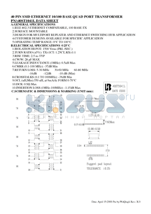 40ST1041L datasheet - 40 PIN SMD ETHERNET 10/100 BASE QUAD PORT TRANSFORMER