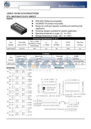 40ST1041N datasheet - 40 PIN SMD ETHERNET 10/100 BASE-TX HIGH SPEED LAN MAGNETICS