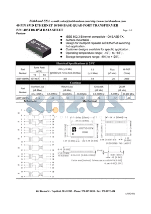 40ST1041PM datasheet - 40 PIN SMD ETHERNET 10/100 BASE QUAD PORT TRANSFORMER