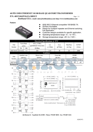 40ST1041P_S datasheet - 40 PIN SMD ETHERNET 10/100 BASE QUAD PORT TRANSFORMER