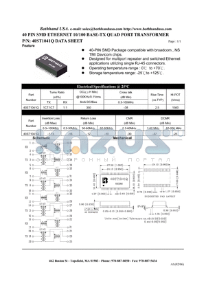 40ST1041Q_M datasheet - 40 PIN SMD ETHERNET 10/100 BASE-TX QUAD PORT TRANSFORMER