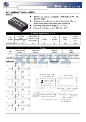 40ST1041SX datasheet - 40 PIN SMD ETHERNET 10/100 BASE QUAD PORT TRANSFORMER