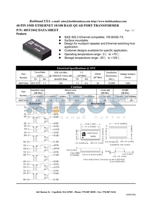 40ST1042 datasheet - 40 PIN SMD ETHERNET 10/100 BASE QUAD PORT TRANSFORMER