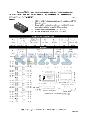 40ST1041_M datasheet - 40 PIN SMD ETHERNET 10/100 BASE-TX QUAD PORT TRANSFORMER