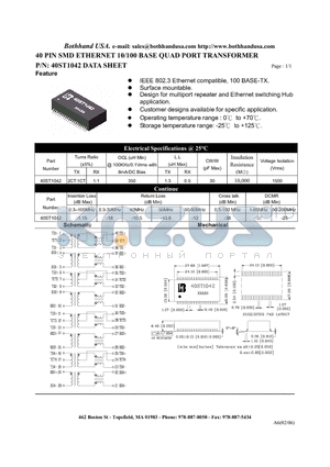 40ST1042 datasheet - 40 PIN SMD ETHERNET 10/100 BASE QUAD PORT TRANSFORMER