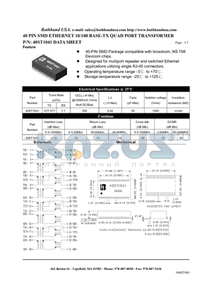 40ST1041_S datasheet - 40 PIN SMD ETHERNET 10/100 BASE-TX QUAD PORT TRANSFORMER
