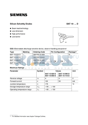 BAT15-D datasheet - Silicon Schottky Diodes (Beam lead technology Low dimension High performance Low barrier)