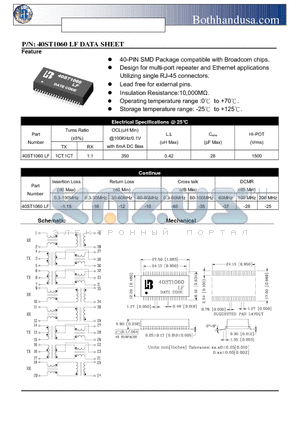 40ST1060LF datasheet - 10/100 BASE QUAD PORT PULSE TRANSFORMER