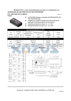 40ST1062 datasheet - 10/100 BASE QUAD PORT PULSE TRANSFORMER