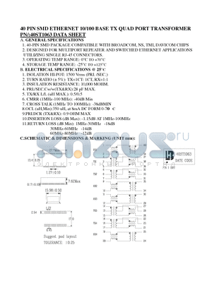 40ST1063 datasheet - 40 PIN SMD ETHERNET 10/100 BASE TX QUAD PORT TRANSFORMER