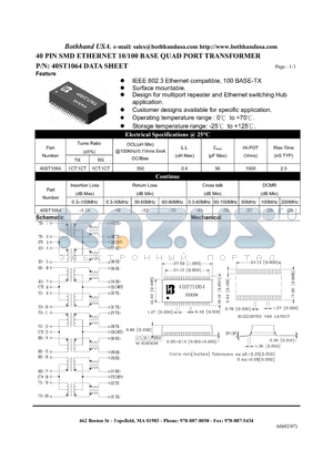 40ST1064 datasheet - 40 PIN SMD ETHERNET 10/100 BASE QUAD PORT TRANSFORMER