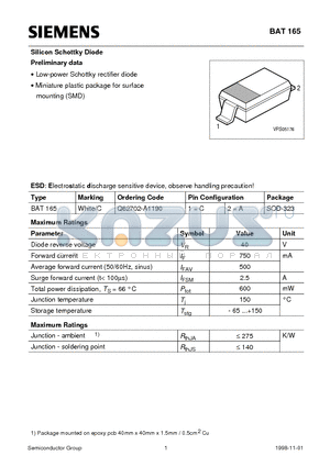 BAT165 datasheet - Silicon Schottky Diode (Low-power Schottky rectifier diode Miniature plastic package for surface mounting SMD)