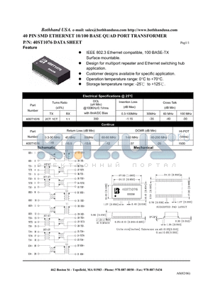 40ST1076_1 datasheet - 40 PIN SMD ETHERNET 10/100 BASE QUAD PORT TRANSFORMER