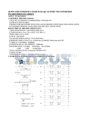 40ST1092 datasheet - 40 PIN SMD ETHERNET 10/100 BASE QUAD PORT TRANSFORMER